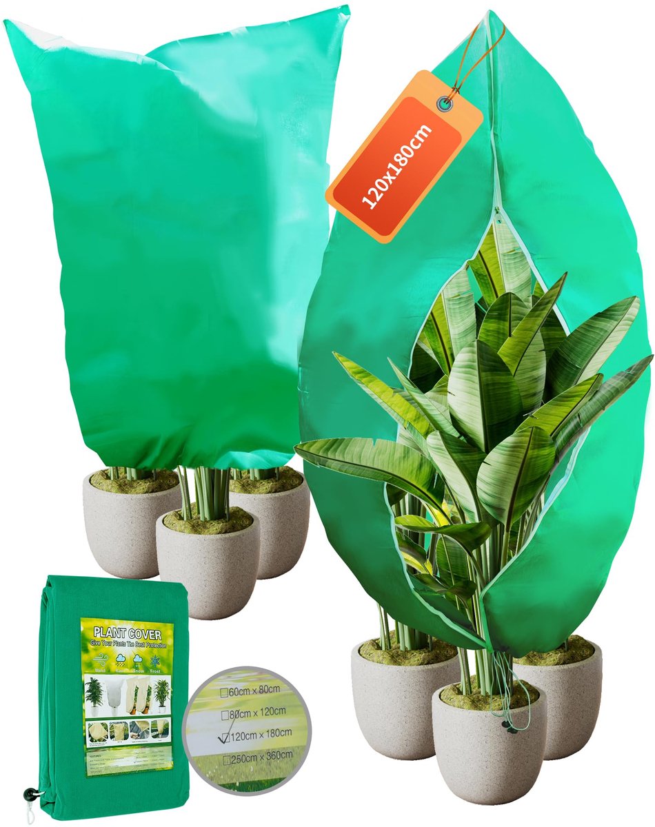 2 Stuks Vlies Plantenhoes - Winterbescherming voor Buitenplanten - Met Ritssluiting en Trekkoord - Herbruikbaar, Scheurbestendig en Ademend - 180x120 cm, 80g/m²