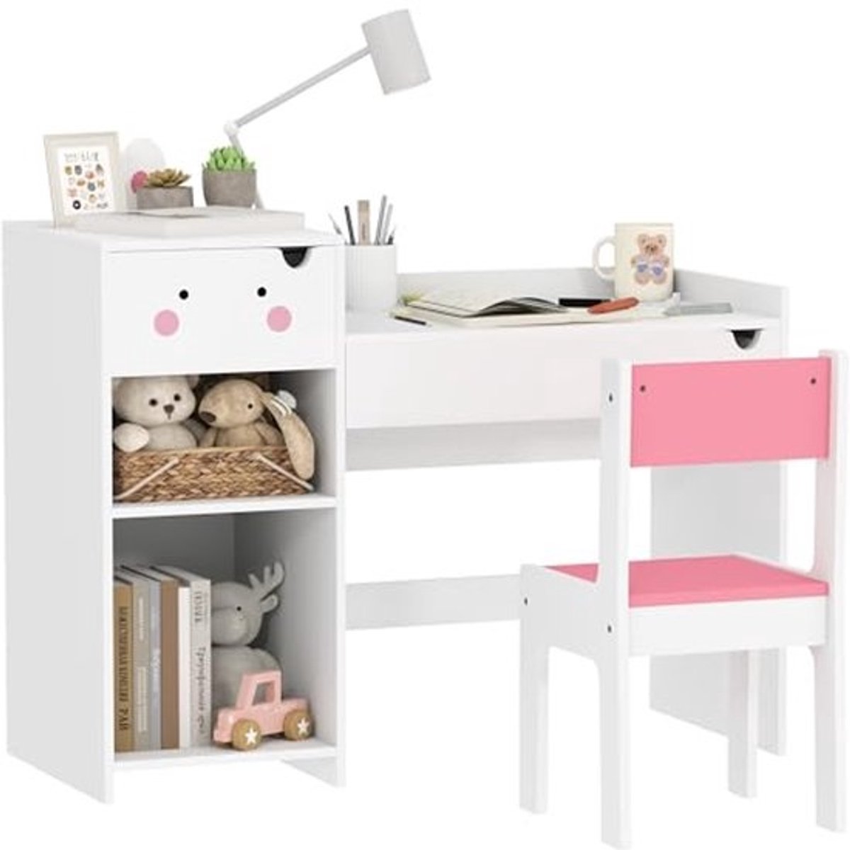 Kinderbureau en stoelset voor peuters, met opbergruimte en boekenplank, geschikt voor 3-6 jaar oud, wit/roze
