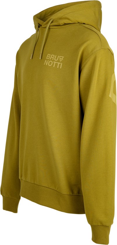 Olijfgroene hoodie van opzij gezien met capuchon, trekkoorden en subtiel Brunotti-logo op de borst.