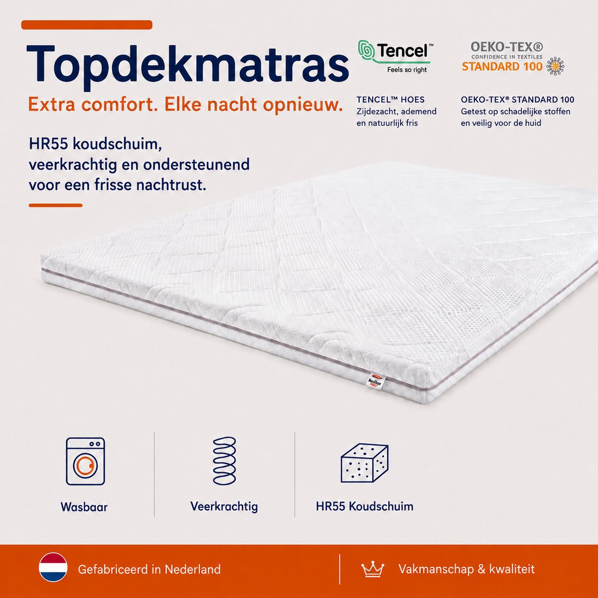 BestrestBedden - Matras Topper 160x200cm - Koudschuim HR55 - Topdekmatras - Tencel Hoes - 10cm dik - OkoeTex - Wasbare hoes - Veerkrachtig - Stevig Ligcomfort