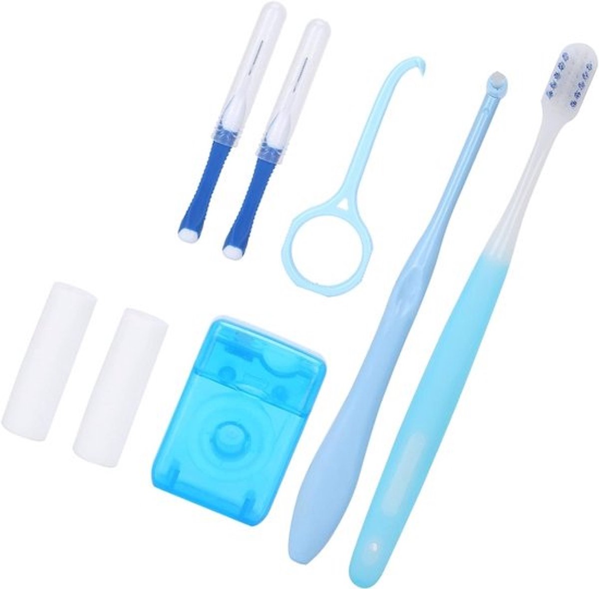 Allecto - Mondverzorgingsset voor tandenborstel - orthodontische reinigingsborstel - flosser - interdentale borstel - houderverwijderaar - orthodontische was - geschikt voor orthodontische beugels - blauw model.