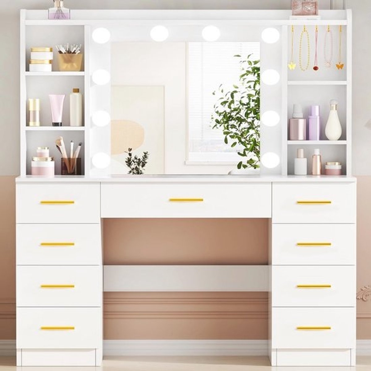 Grote make-uptafel met spiegel en LED-verlichting - 3 kleuren, instelbare helderheid, 9 laden en 6 open planken