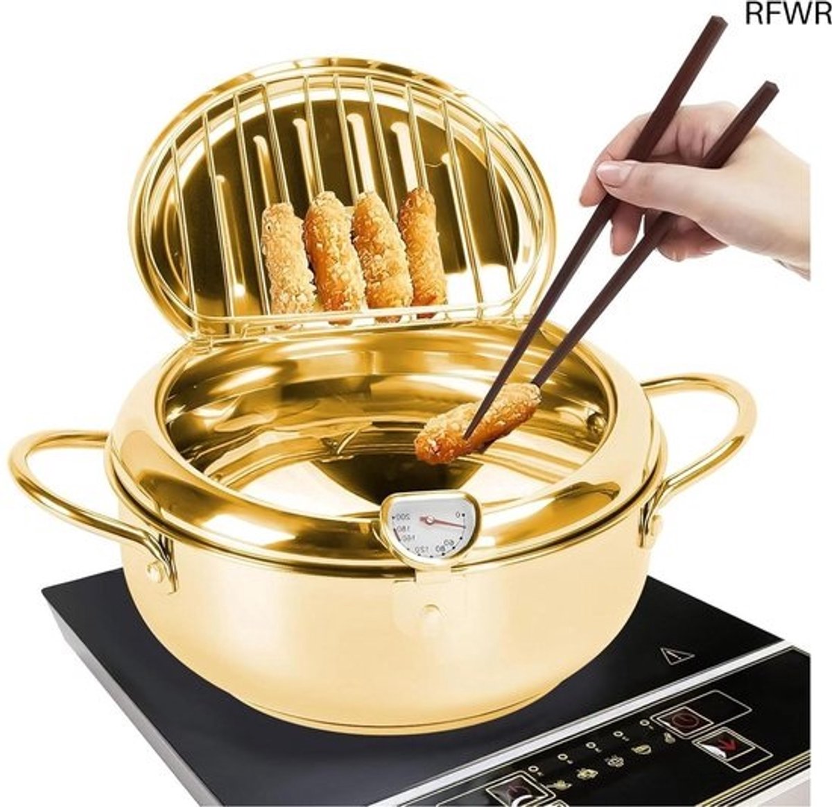 RFWR® Friteuse in Japanse stijl met thermometer en deksel - Roestvrijstalen Tempura pan voor perfecte frituurresultaten