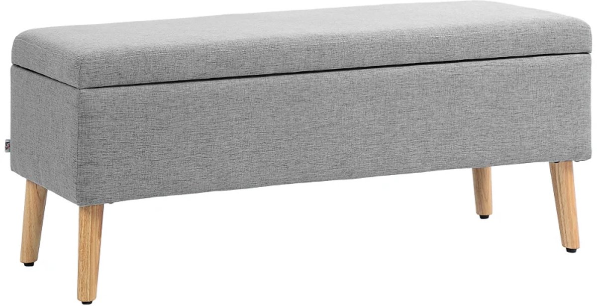Bankje - Gestoffeerde Bank Met Opbergruimte - Linnenlook Bekleding - Rubbenhouten Poten - Draagvermogen Tot 220 kg - 110 x 39 x 45 cm - Grijs