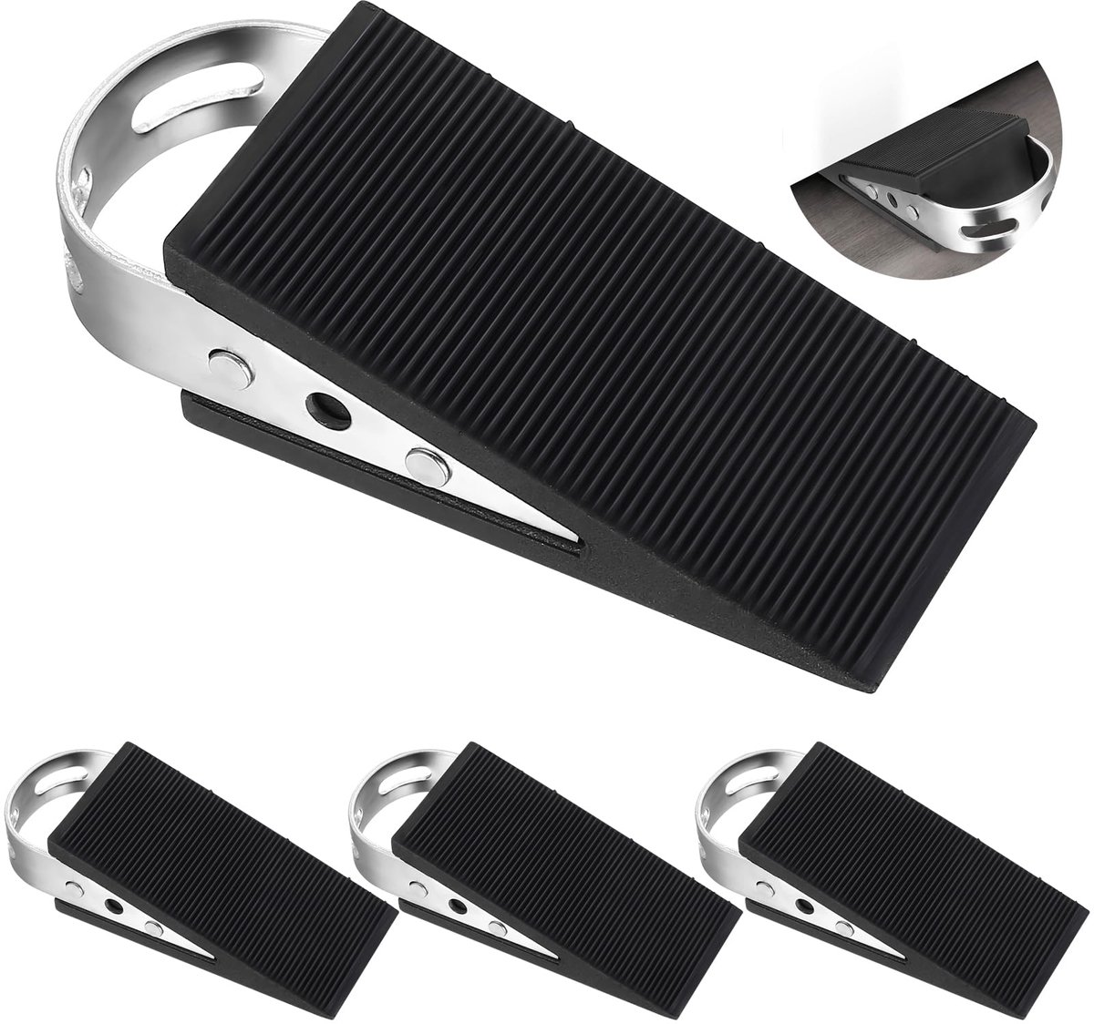 4 Stuks Rubberen Deurstopper Wiggen - Antislip met Roestvrijstalen Handvat - Voor Thuis, Kantoor & Hotel - Zwart - 12 x 5 x 3 cm