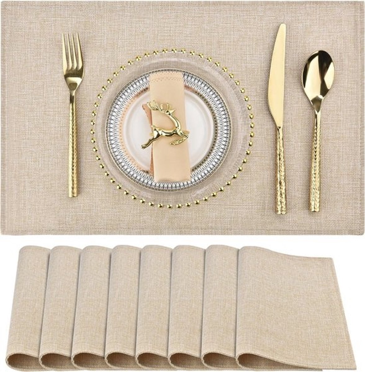 Set van 8 beige stoffen placemats in linnenlook - machinewasbaar en hittebestendig