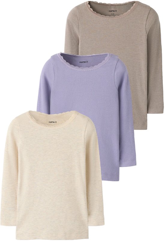 Set van 3 Name it tops met lange mouwen in beige, lila en bruin, alle met kanten halslijn.