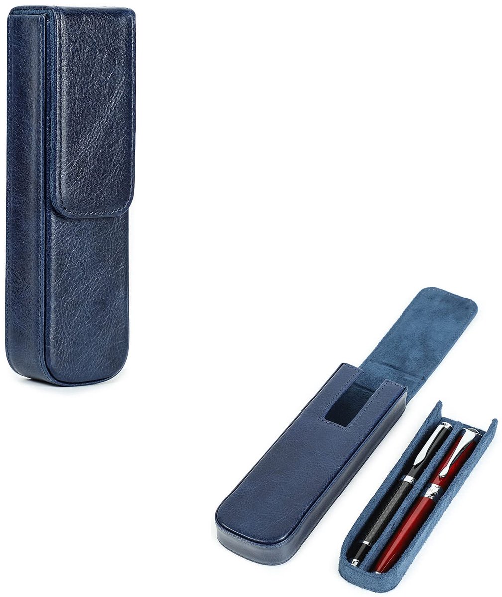 Pennenetui - Plantaardig Gelooid Leer met Verborgen Magneetsluiting - Voor Vulpennen - Blauw, voor 2 Pennen