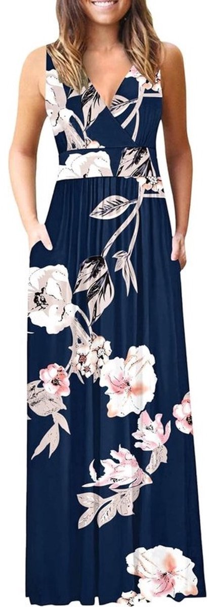 Maxi Jurk Dames Zomer Mouwloos Lange Elegante Diepe V-Hals Avondjurk Met Zakken