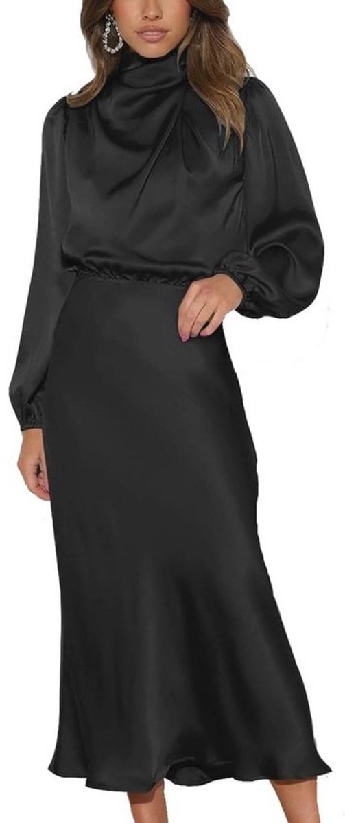 Elegante lange satijnen jurk met lange mouwen voor dames - herfst cocktailjurk