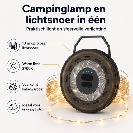 Oplaadbare Campinglamp - 10 m Oprolbaar Lichtsnoer - 2000 mAh - 6 Lichtstanden - USB-C - IPX4 — afbeelding 4