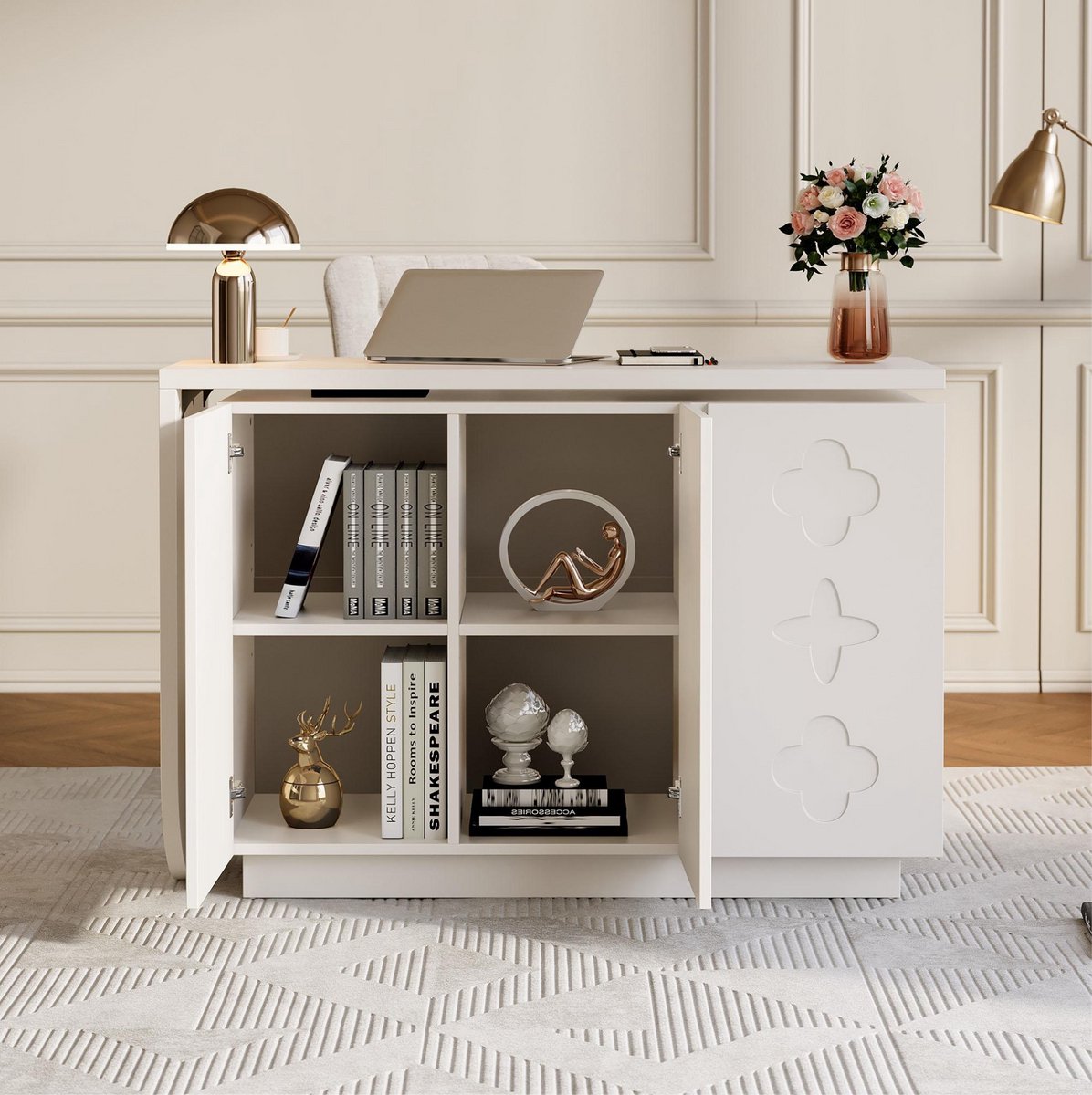 Wishdor Bureau - Draaibaar L-vormig hoekbureau - Met opbergkast en soft-close deuren - Modern ontwerp - Kantoor studeerkamer kaptafel - MDF - Wit - 170 x 40 x 75 cm
