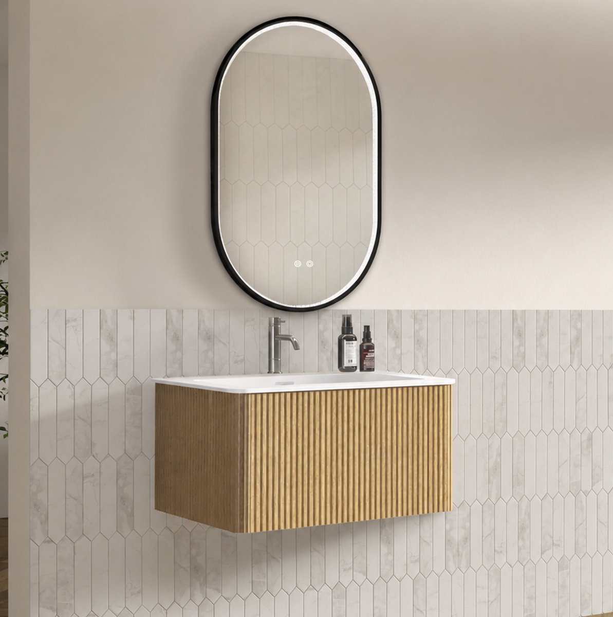 OKWISH Badkamer Wastafelmeubel Set Met Spiegel Wandhangend 81 Cm Oak Ovaal Spiegel Led Anti Condens Voorgemonteerd Modern Design