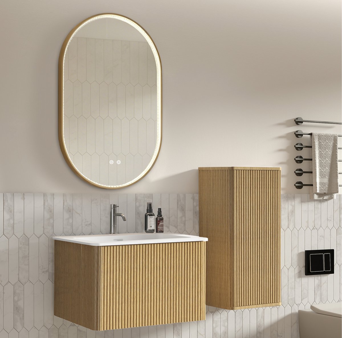 OKWISH Badkamermeubelset - Wandhangend Met Wasbak, Zijkast En LED Spiegel - Voor Kleine Badkamers En Gastenbadkamer - Eikenkleur 60 cm