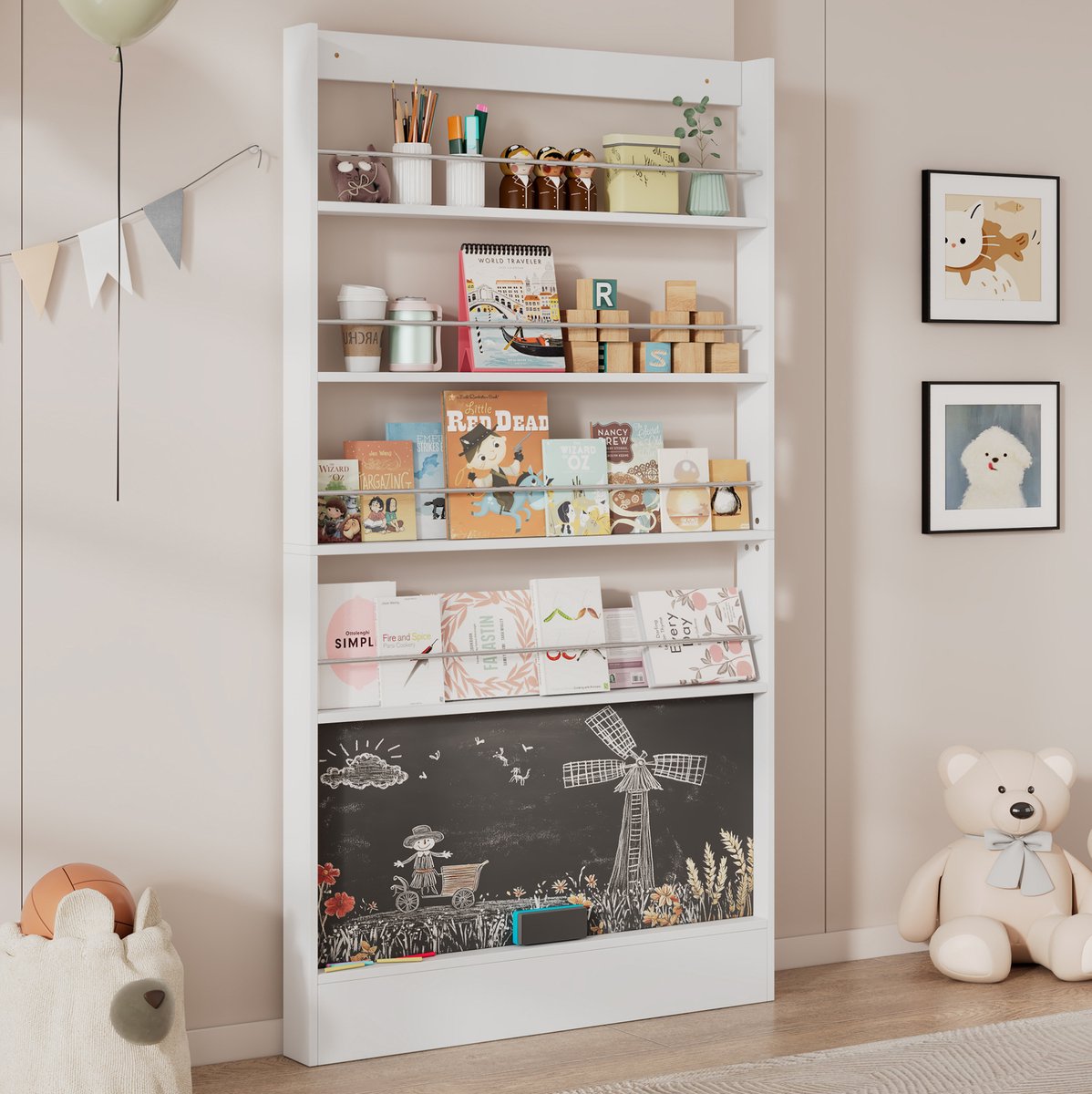 Wishdor Boekenkast - 4 open vakken - Met krijtbord en kantelbeveiliging - Smal ontwerp voor kinderkamer hal woonruimte - MDF en metaal - Wit - 100 x 10 x 180 cm