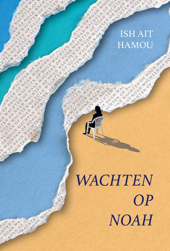 Couverture de livre avec une femme assise sur une chaise sur la plage avec le titre 'Wachten op Noah'.