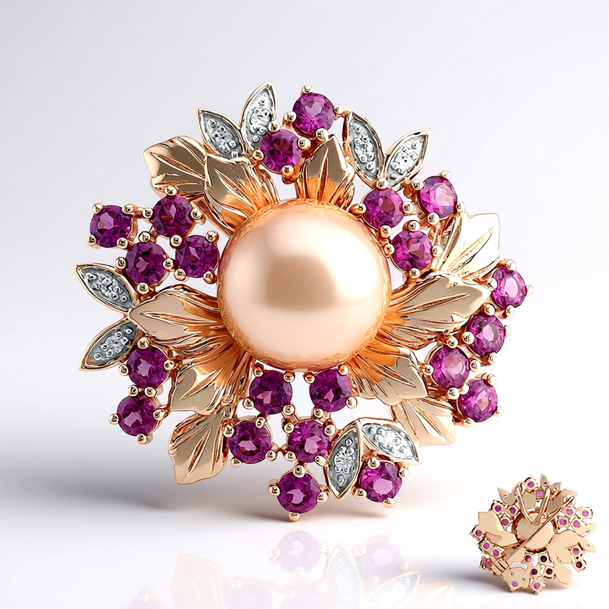 Cavill - Broche 925 Sterling Zilver Roségoud Verguld met Paarse Ming Parel 12 mm rond en 2,73 ct Braziliaanse Rhodoliet - Luxe Sieraad Dames Elegant