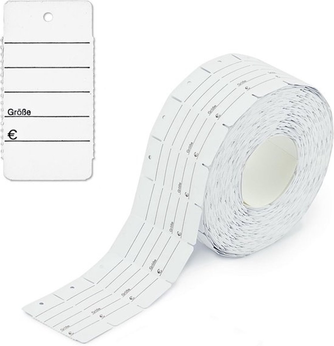 1000 Kartonnen Prijsetiketten 'Maat/€' met Gat (30 x 58 mm) Wit I Prijskaartjes op Rol I Perforatie voor Veiligheidsdraad