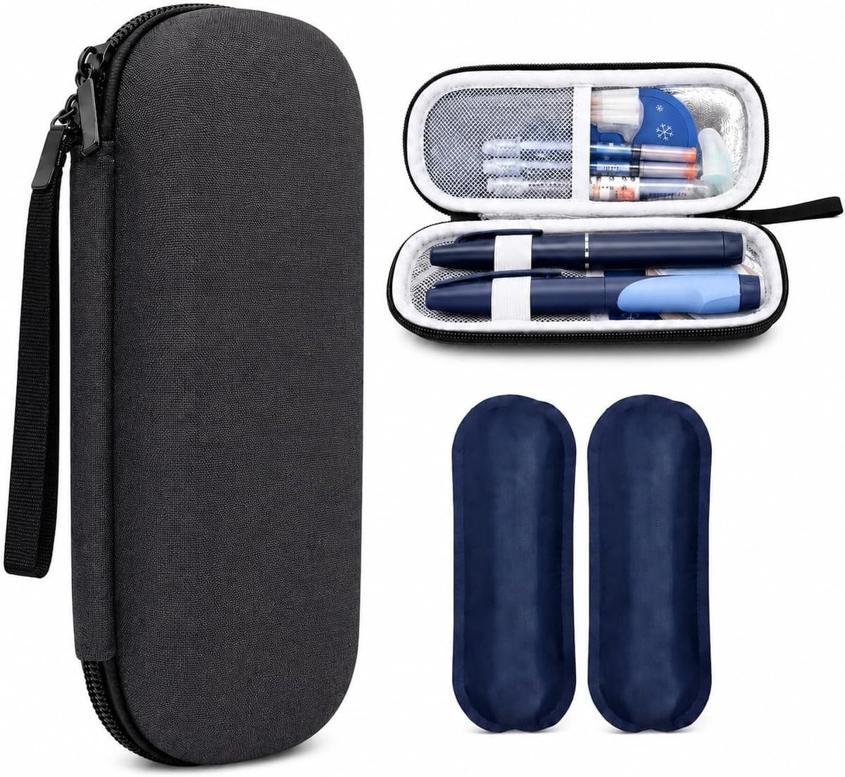 Isotherme tas voor insuline - Zwart - 20 x 8,3 cm - Koeltas met Koelblokken - Voor Diabetici