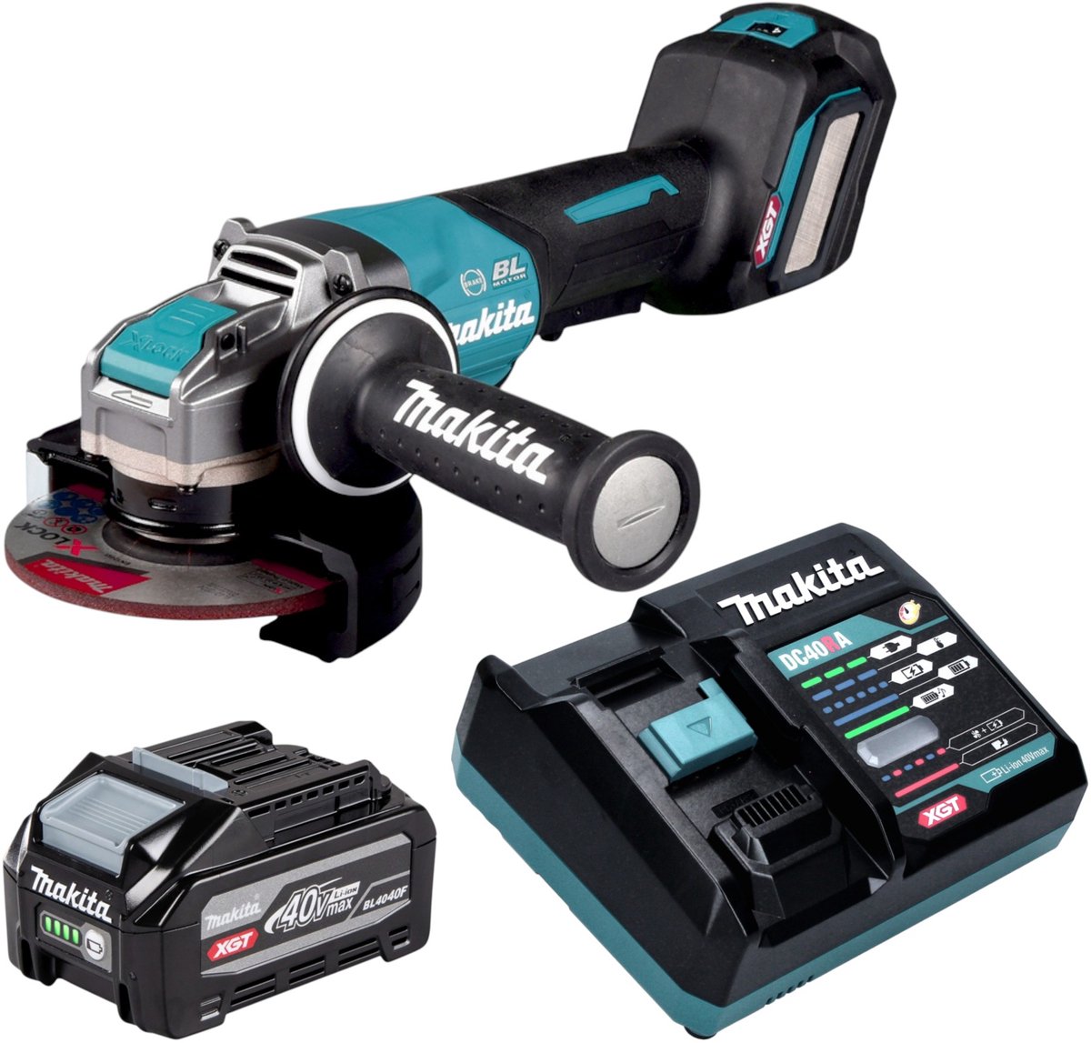Makita GA 044 GU101 accu-haakse slijper 40 V max. 125 mm X-LOCK Brushless + 1x accu 4,0 Ah + oplader