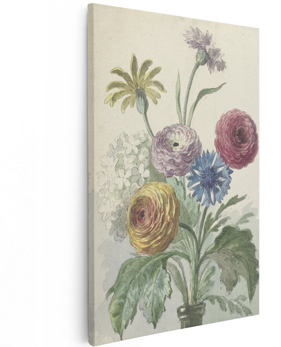 Artaza Canvas Schilderij Boeket met Bloemen in de Hals van een Groene Vaas - Willem van Leen - 120x180 cm - Groot - Kunst - Wanddecoratie
