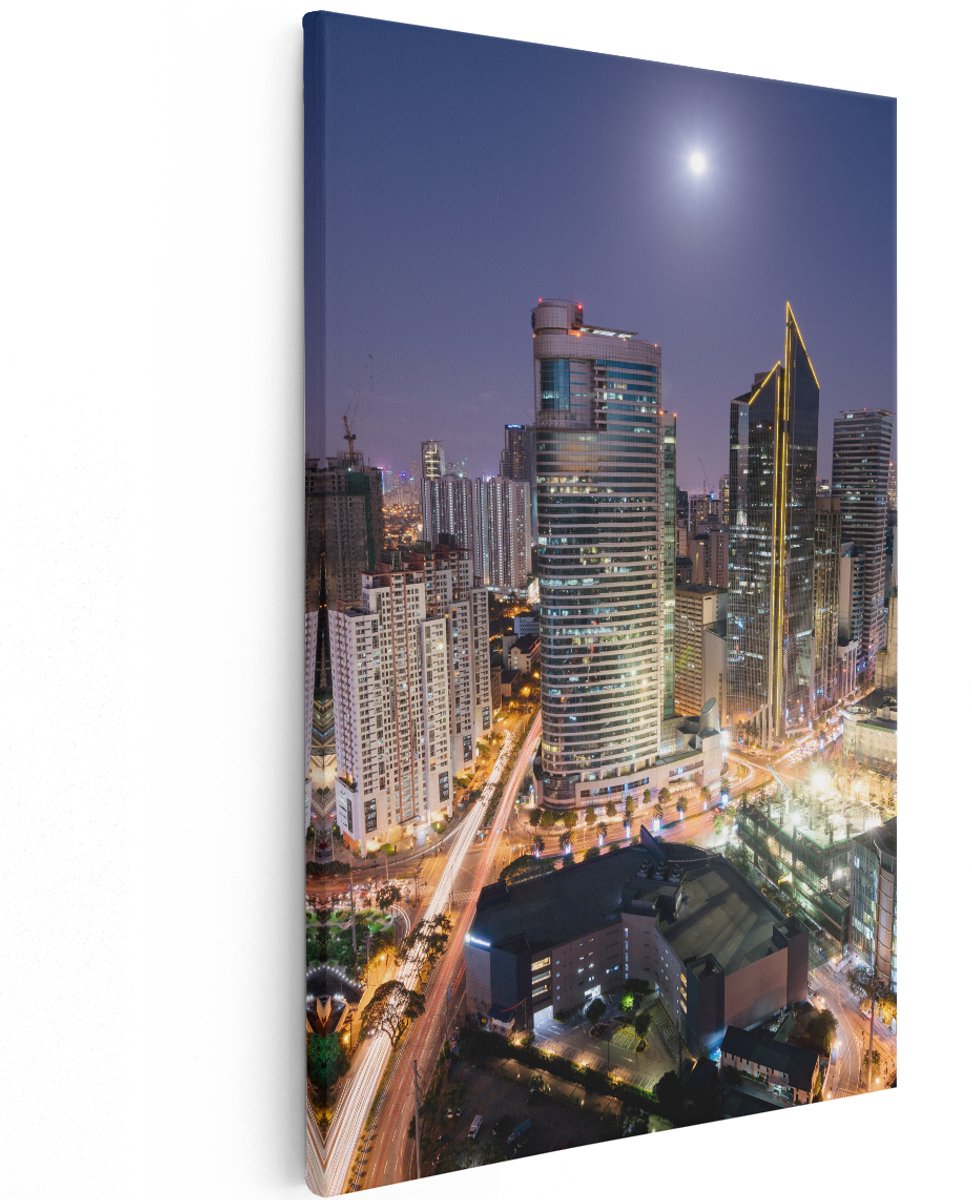Artaza Canvas Schilderij Makati Stad Skyline in de Nacht in Thailand - 120x180 cm - Groot - Wanddecoratie Woonkamer - Schilderijen - Muurdecoratie