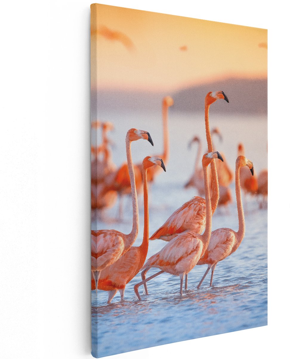 Artaza Canvas Schilderij Kudde Flamingo's in het Water - 120x180 cm - Groot - Wanddecoratie Woonkamer - Schilderijen - Muurdecoratie