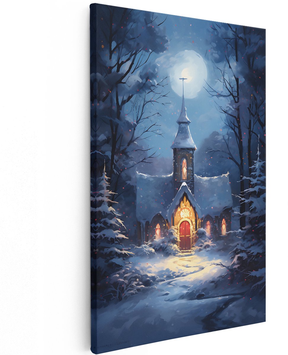 Artaza Canvas Schilderij Kerk in het Winterbos - 120x180 cm - Groot - Wanddecoratie Woonkamer - Schilderijen - Muurdecoratie