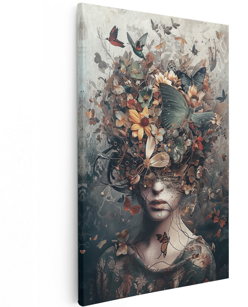 Artaza Canvas Schilderij Vrouw met Vlinders op haar Hoofd - Dieren - 120x180 cm - Groot - Wanddecoratie Woonkamer - Schilderijen - Muurdecoratie