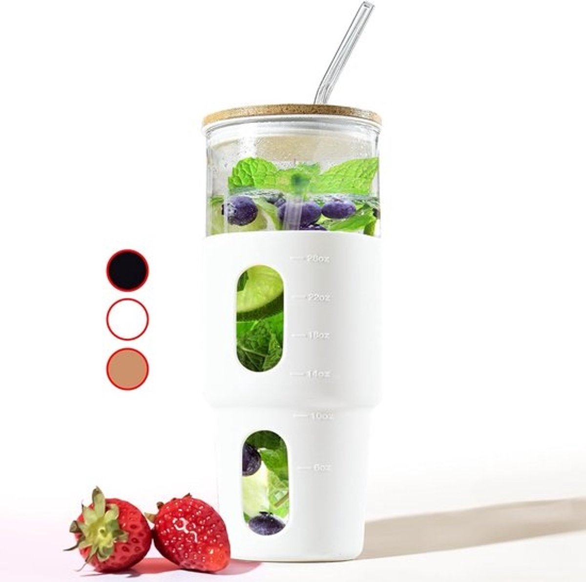 Grote Glazen Beker 32 oz met Rietje en Bamboe Deksel - Smoothie, Iced Coffee & Boba Tumbler