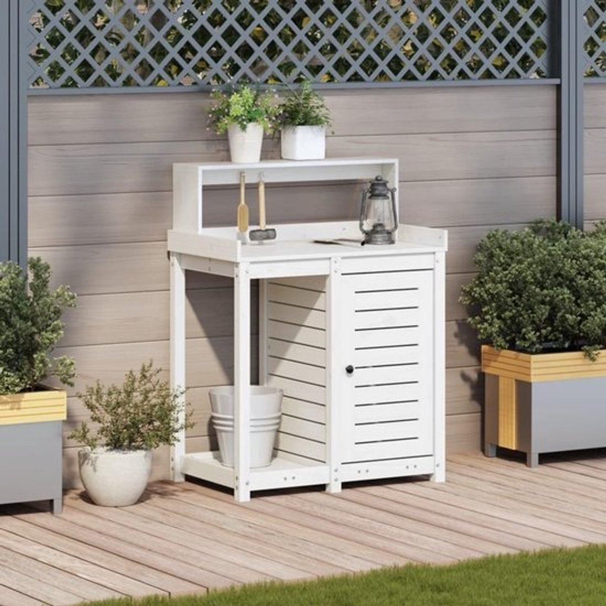 Tuin Werktafel - Plantentafel Kast - Buiten Klussen - Massief Hout Lamellen - 82x50x110 cm - Wit