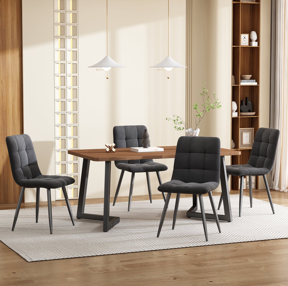 Wishdor Eetkamerset 5-delig - Tafel met 4 stoelen - Zwarte metalen poten - Modern - Keuken eetkamer woonkamer - Hout Metaal - 117 x 68 x 75 cm