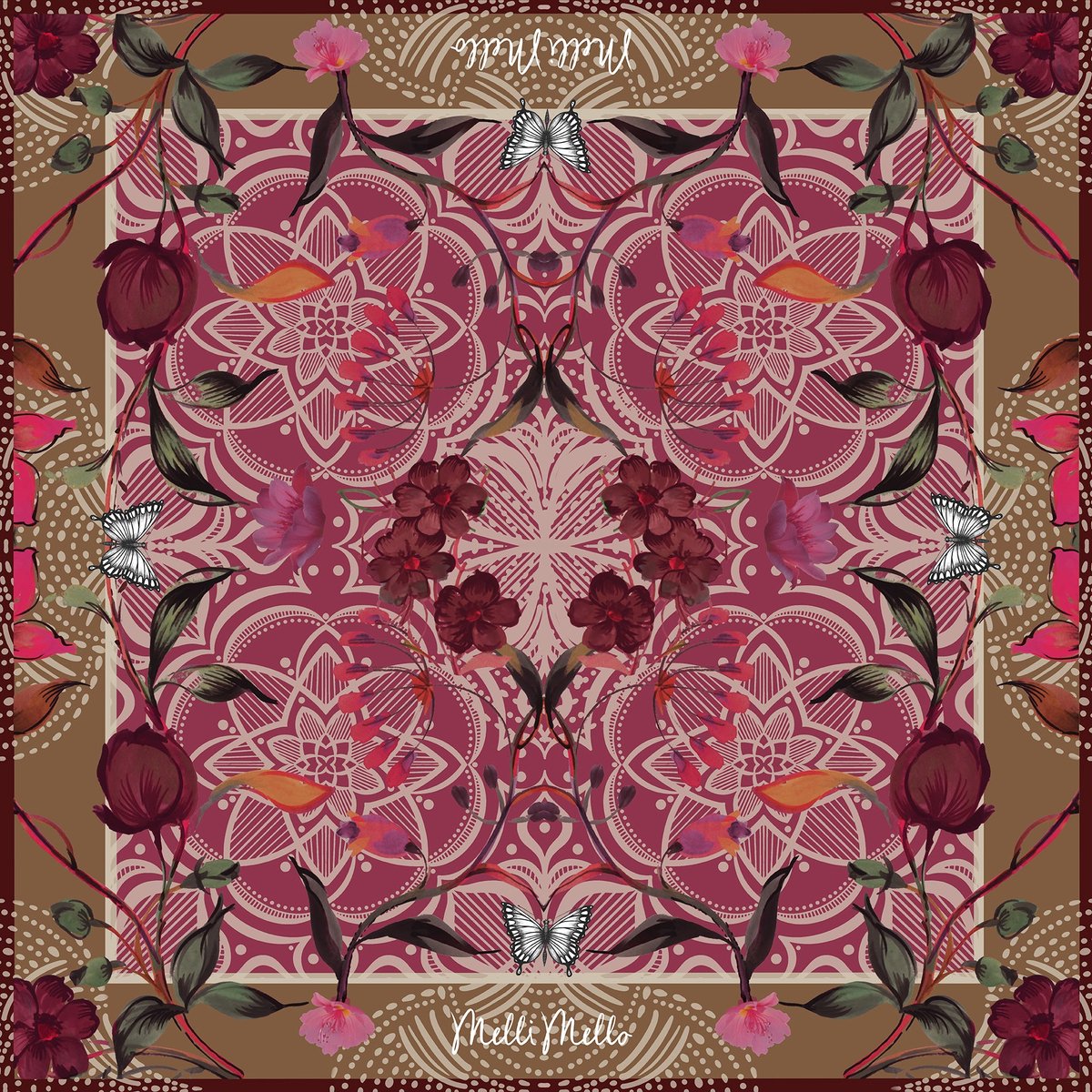 Melli Mello - Floral Mandala - Sjaaltje - 70x70cm - Satijnen Zijde - Dubbelzijdig - Mandala - Oudroze