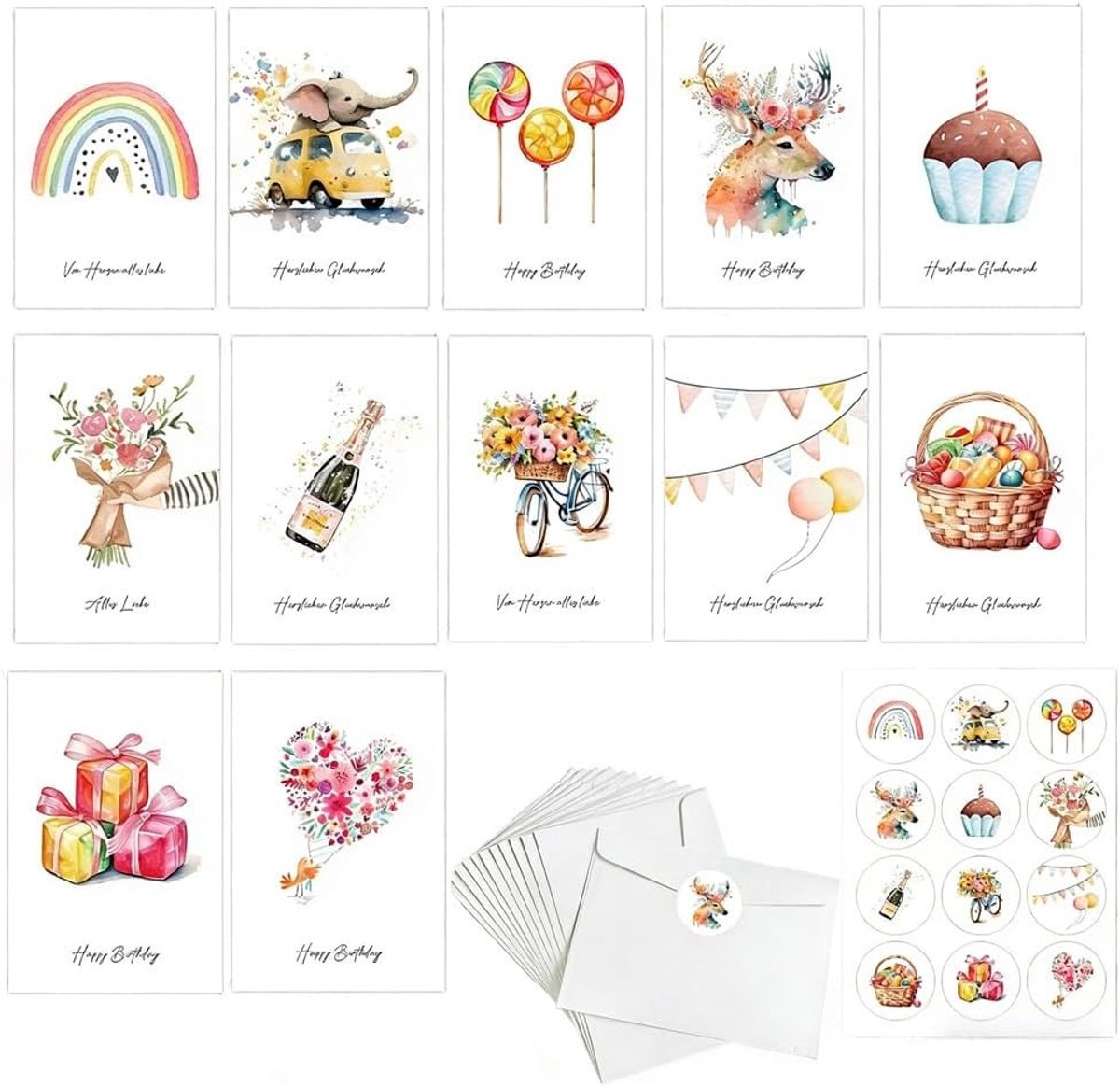 Verjaardagskaarten Set van 12 met Enveloppen en Stickers voor Feestelijke Gelegenheden en Persoonlijke Wensen