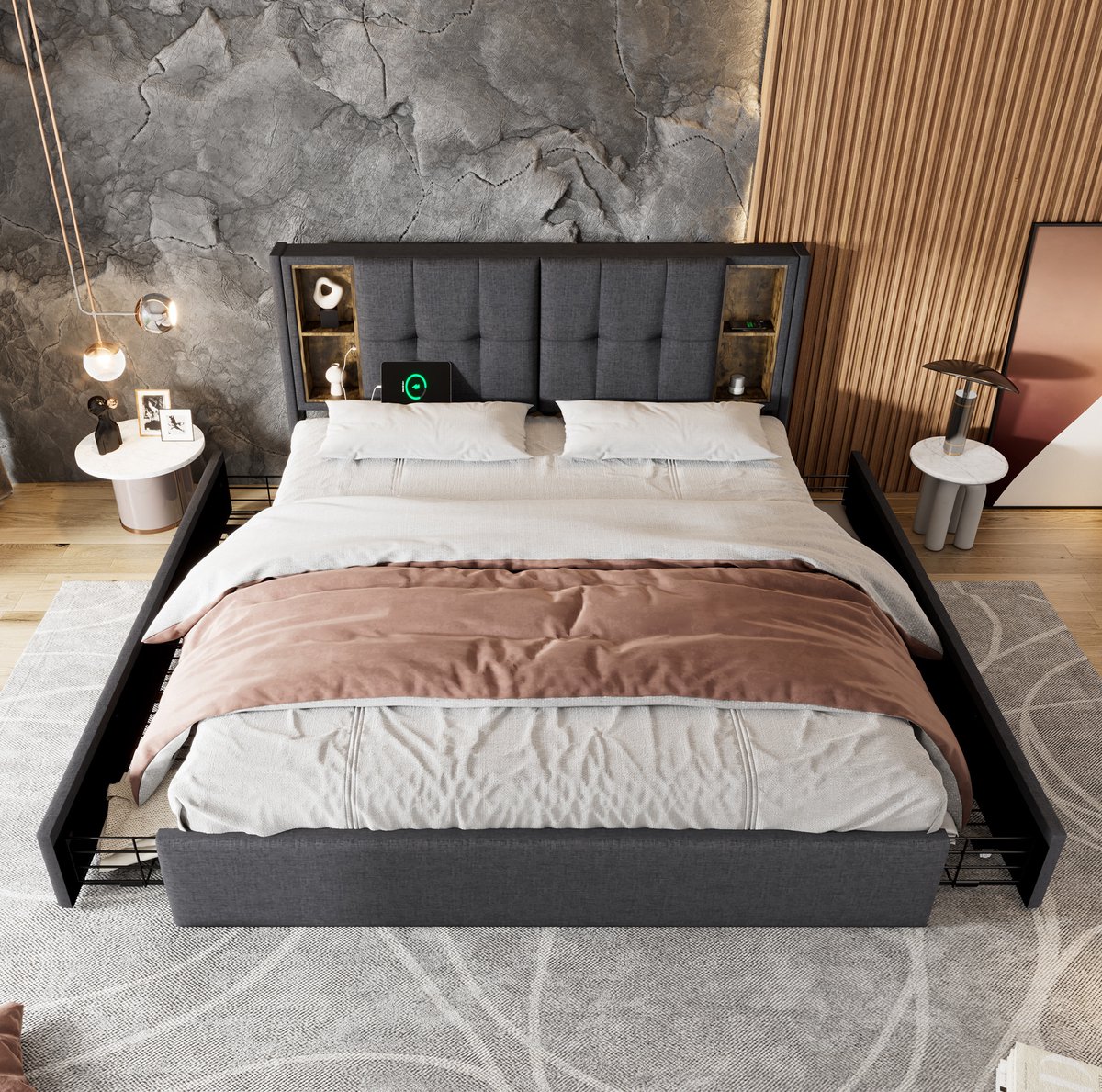 Wishdor Tweepersoonsbed 160x200 cm - Gestoffeerd bed met draadloos laden, USB-C, 4 lades en opbergruimte - Grijs stof - Voor volwassenen
