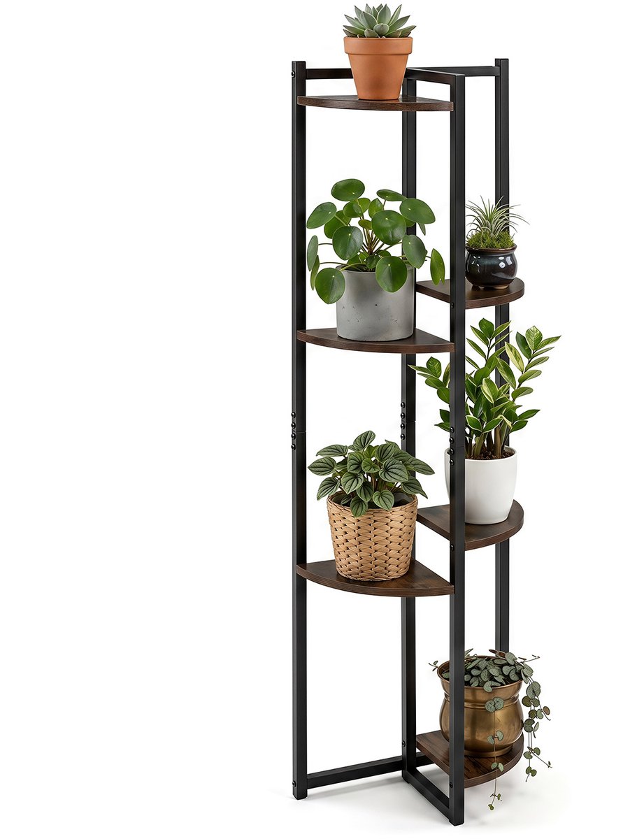 SureDeal® - Tuinier - Plantenstandaard - Verspringende Vakken Bloemenrek - Metalen - Houten - 42x22x136 cm - Koffiebruin