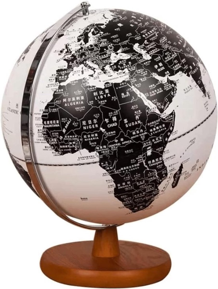 Verlichte Wereldbol - Aardrijkskunde Decor - Educatief Leren - HD Kaart Details - 32 cm Diameter - Antiek Zwart