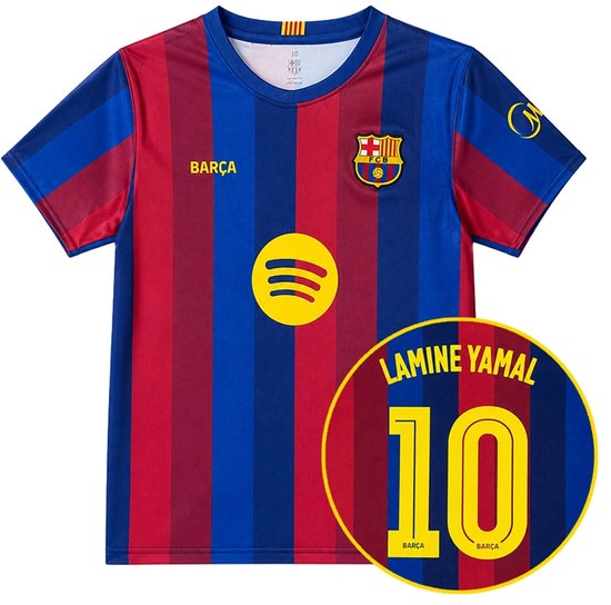 Voorkant shirt met blauwe en rode verticale banen, 'Barça' en Spotify logo in geel. Cirkel met 'LAMINE YAMAL 10'.