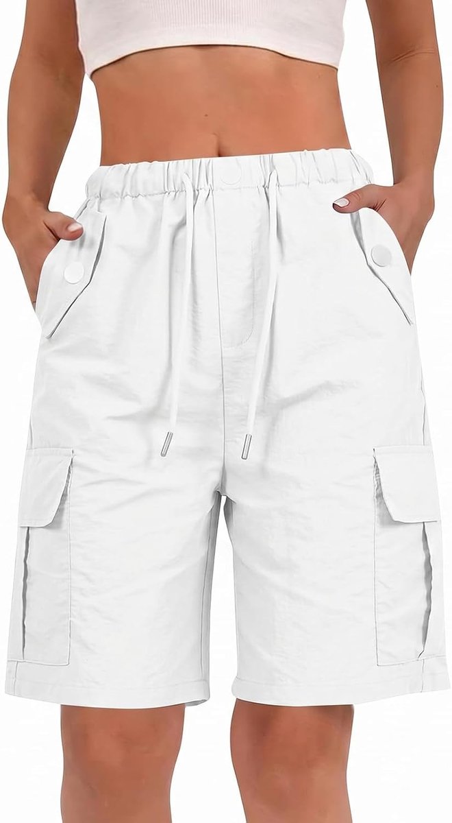 Knie-lange cargoshorts voor dames met elastische tailleband en trekkoord, ideaal voor casual zomeroutfits, outdooractiviteiten en reizen met meerdere zakken