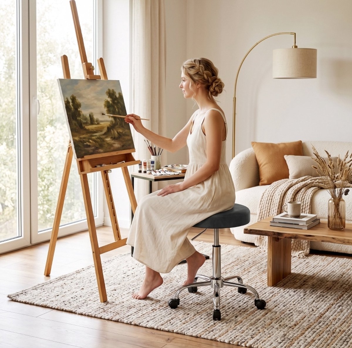 COVREO Hocker 44x44x67,5 cm zwart kunstleer - 360° draaibaar - in hoogte verstelbaar - met wielen