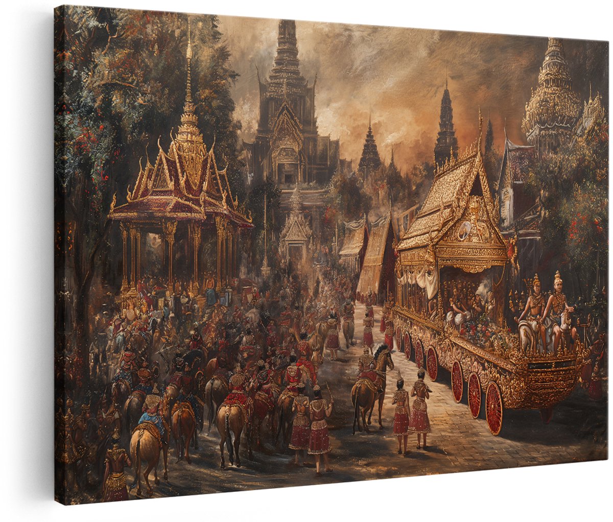 Artaza Canvas Schilderij Gouden Processie - 150x100 cm - Groot - Wanddecoratie Aziatische Tempel - Muurdecoratie Olifant - Decoratie Goud