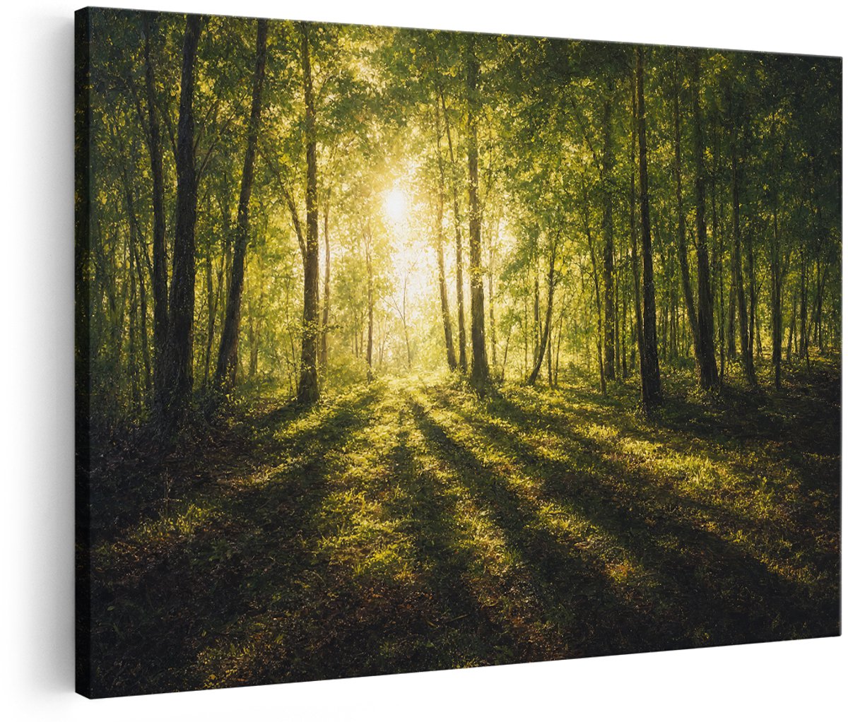 Artaza Canvas Schilderij Bos - Zonlicht Door Bomen - Natuur - 150x100 cm - Groot - Wanddecoratie Woonkamer - Schilderijen - Muurdecoratie