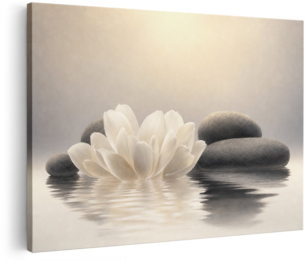 Artaza Canvas Schilderij Lotusbloem Met Stenen - Zen In Wit En Grijs - 150x100 cm - Groot - Wanddecoratie Woonkamer - Schilderijen - Muurdecoratie