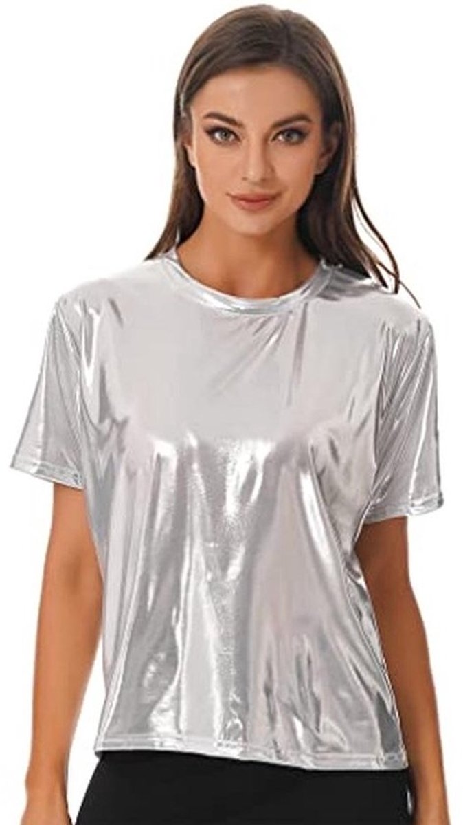 Metallisch T-shirt voor Dames, Glanzend Holografisch Top, Korte en Lange Mouwen, Perfect voor Carnaval en Feestjes