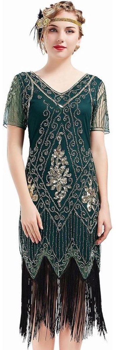 Flapper Fringed Pailletten Jurk voor een Avondje uit - Vintage Gatsby Kostuum met V-hals