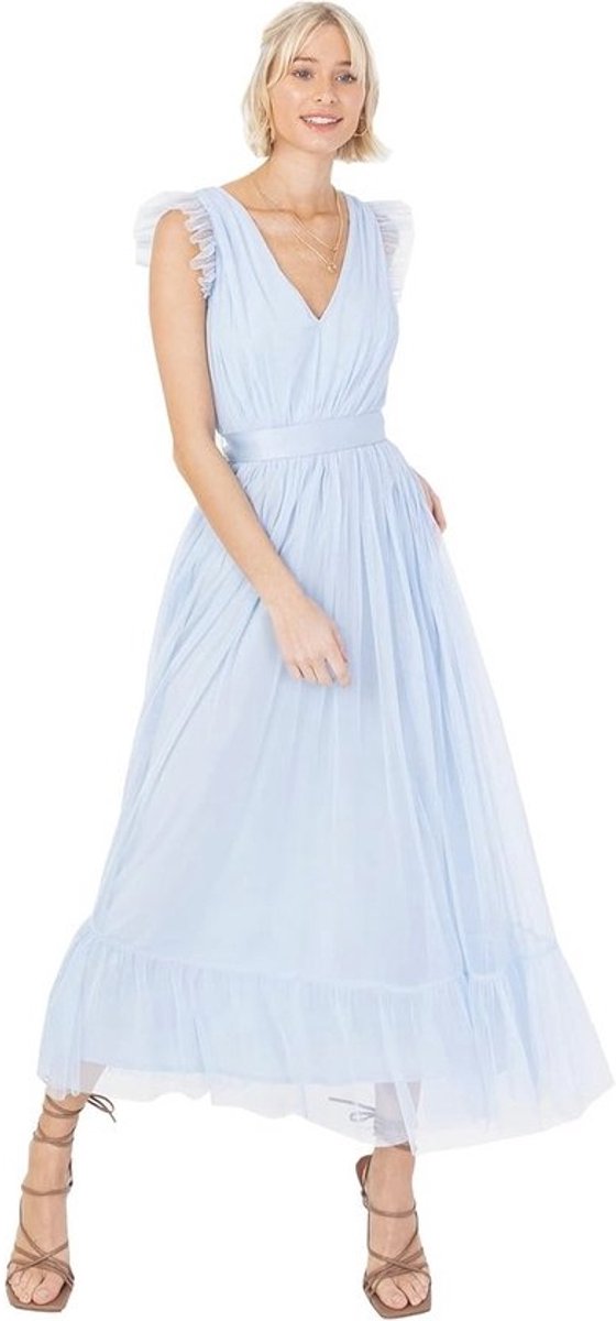 Maxi Jurk V-hals Mouwloze Frilly Voor Bruiloft Gast Bruidsmeisje en Prom Lange Hoge Taille Gelaagd Dames Gekleed