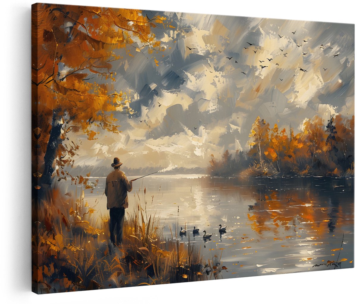 Artaza Canvas Schilderij Visser - 150x100 cm - Groot - Wanddecoratie Herfst Landschap - Muurdecoratie Natuur - Schilderijen Op Canvas Oude Meesters