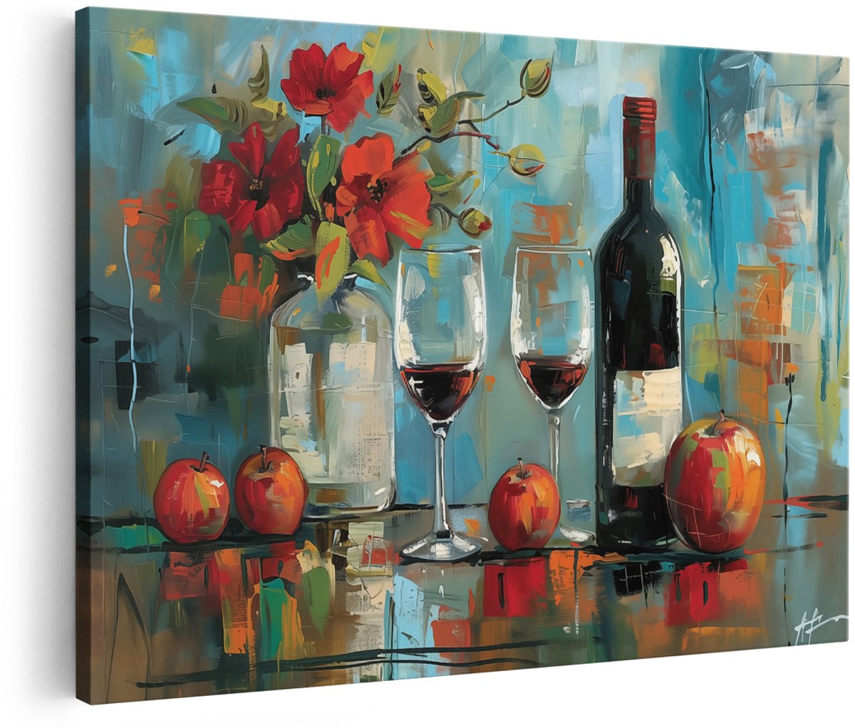 Artaza Canvas Schilderij Fles Wijn en een Glas Rode Wijn - 150x100 cm - Groot - Wanddecoratie Woonkamer - Schilderijen - Muurdecoratie