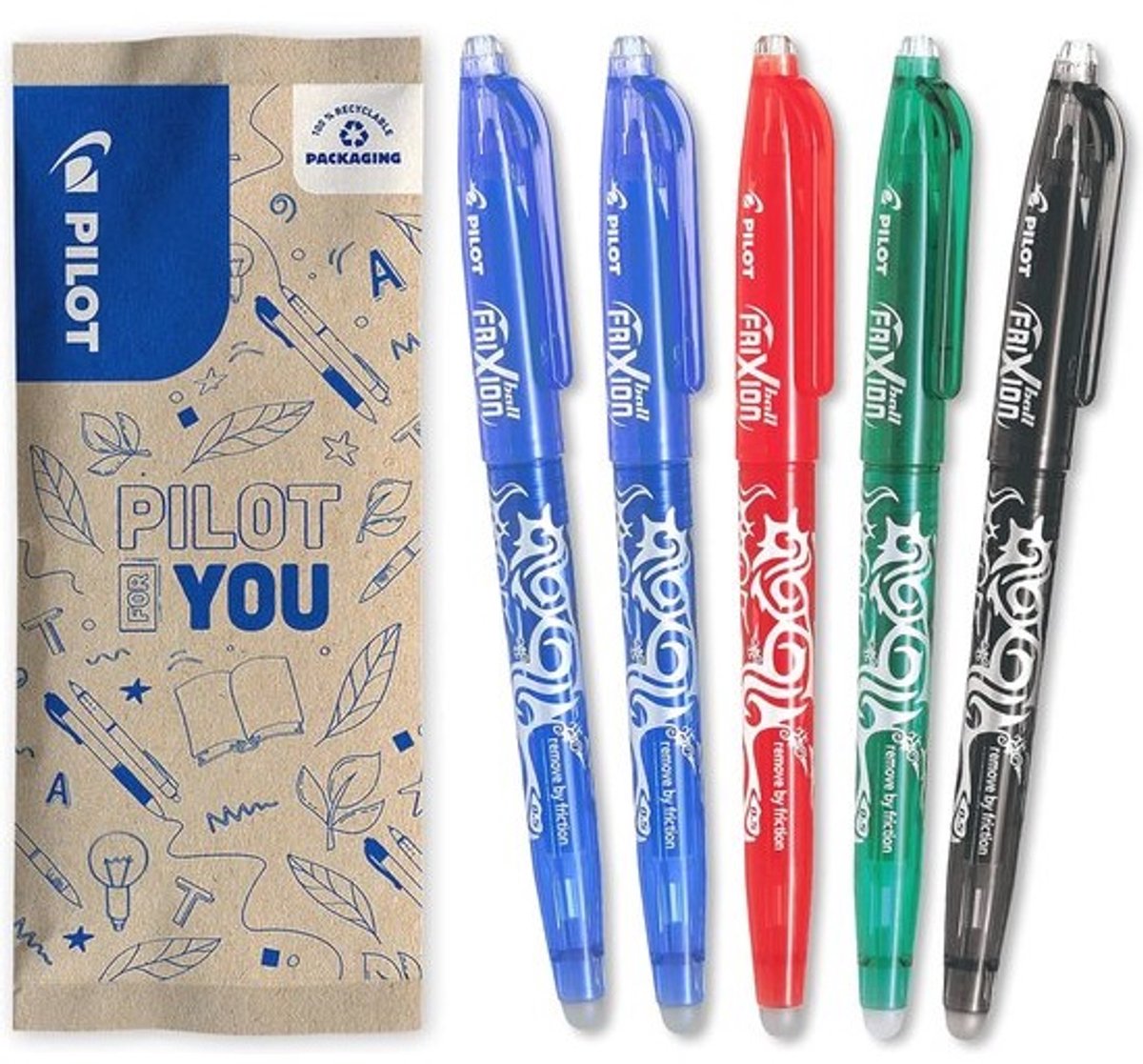 5 Frixion Ball uitwisbare rollerbalpen - ergonomisch, navulbaar en met fijne punt - 2 blauw, 1 rood, 1 zwart, 1 groen