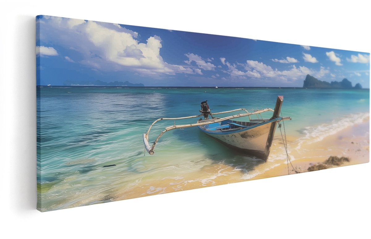 Artaza Canvas Schilderij Boot op een Strand - 150x50 cm - Groot - Wanddecoratie Woonkamer - Schilderijen - Muurdecoratie